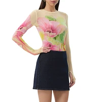 AFRM Kaylee Floral Print Crew Neck Long Sleeve Mesh Top
