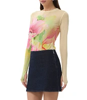 AFRM Kaylee Floral Print Crew Neck Long Sleeve Mesh Top