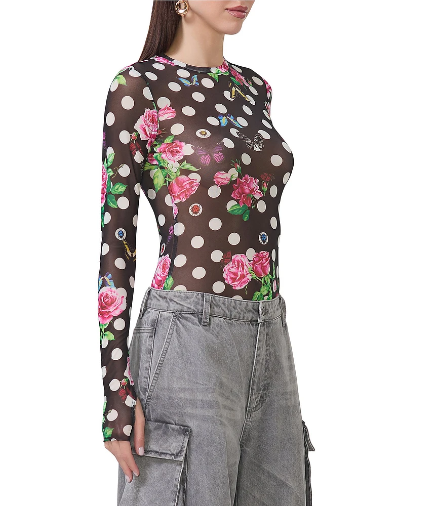 AFRM Kaylee Mesh Dotted Floral Printed Crew Neck Long Sleeve Top
