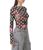 AFRM Kaylee Mesh Dotted Floral Printed Crew Neck Long Sleeve Top