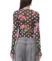 AFRM Kaylee Mesh Dotted Floral Printed Crew Neck Long Sleeve Top