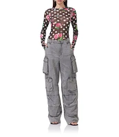 AFRM Kaylee Mesh Dotted Floral Printed Crew Neck Long Sleeve Top