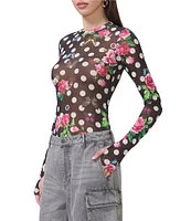 AFRM Kaylee Mesh Dotted Floral Printed Crew Neck Long Sleeve Top