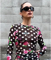 AFRM Kaylee Mesh Dotted Floral Printed Crew Neck Long Sleeve Top