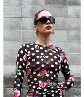 AFRM Kaylee Mesh Dotted Floral Printed Crew Neck Long Sleeve Top