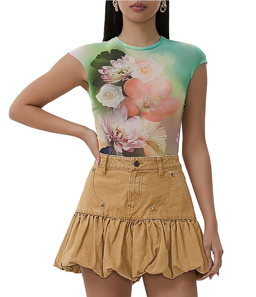 AFRM Kaylee Mesh Floral Placement Print Crew Neck Short Sleeve Top