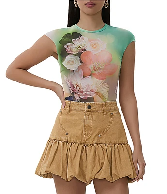 AFRM Kaylee Mesh Floral Placement Print Crew Neck Short Sleeve Top