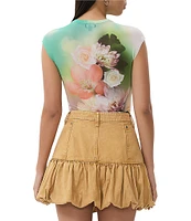 AFRM Kaylee Mesh Floral Placement Print Crew Neck Short Sleeve Top