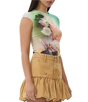 AFRM Kaylee Mesh Floral Placement Print Crew Neck Short Sleeve Top