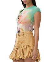 AFRM Kaylee Mesh Floral Placement Print Crew Neck Short Sleeve Top
