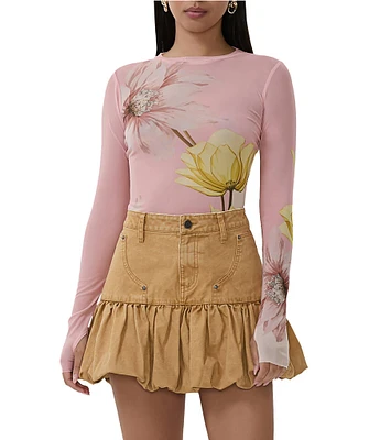 AFRM Kaylee Mesh Floral Print Crew Neck Long Sleeve Top