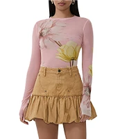 AFRM Kaylee Mesh Floral Print Crew Neck Long Sleeve Top