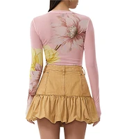 AFRM Kaylee Mesh Floral Print Crew Neck Long Sleeve Top