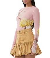 AFRM Kaylee Mesh Floral Print Crew Neck Long Sleeve Top