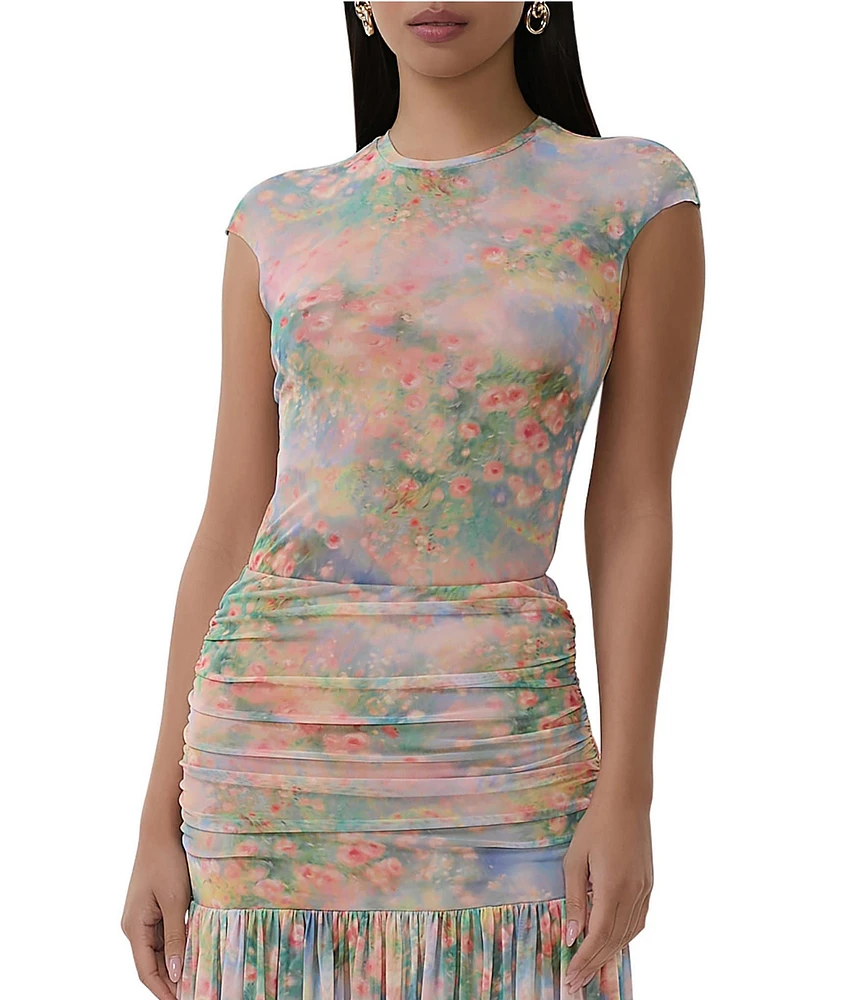 AFRM Kaylee Mesh Floral Print Crew Neck Short Sleeve Coordinating Top