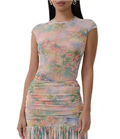 AFRM Kaylee Mesh Floral Print Crew Neck Short Sleeve Coordinating Top