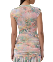 AFRM Kaylee Mesh Floral Print Crew Neck Short Sleeve Coordinating Top