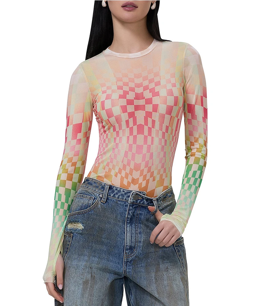 AFRM Kaylee Mesh Geometric Print Crew Neck Long Sleeve Top