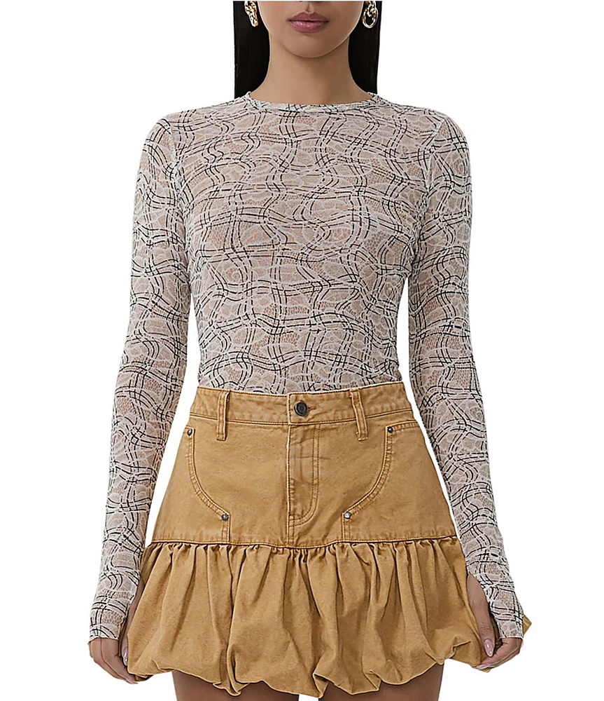 AFRM Kaylee Mesh Lace Plaid Print Crew Neck Long Sleeve Top