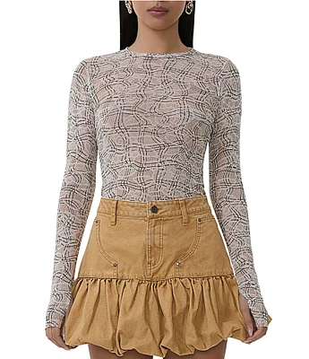AFRM Kaylee Mesh Lace Plaid Print Crew Neck Long Sleeve Top