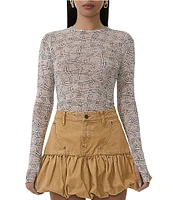 AFRM Kaylee Mesh Lace Plaid Print Crew Neck Long Sleeve Top