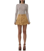 AFRM Kaylee Mesh Lace Plaid Print Crew Neck Long Sleeve Top
