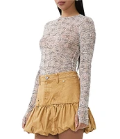 AFRM Kaylee Mesh Lace Plaid Print Crew Neck Long Sleeve Top