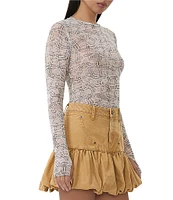 AFRM Kaylee Mesh Lace Plaid Print Crew Neck Long Sleeve Top