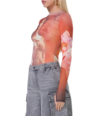 AFRM Kaylee Mesh Rose Statue Print Crew Neck Long Sleeve Top