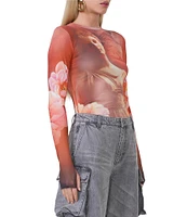 AFRM Kaylee Mesh Rose Statue Print Crew Neck Long Sleeve Top