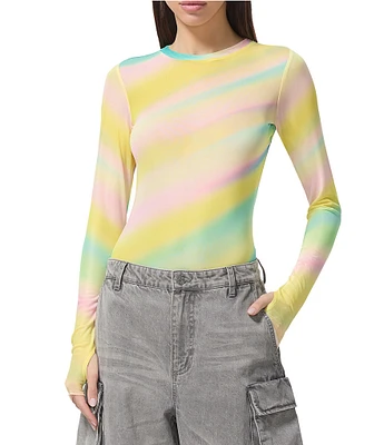 AFRM Kaylee Rainbow Print Crew Neck Long Sleeve Mesh Top