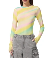 AFRM Kaylee Rainbow Print Crew Neck Long Sleeve Mesh Top