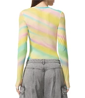 AFRM Kaylee Rainbow Print Crew Neck Long Sleeve Mesh Top