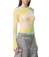 AFRM Kaylee Rainbow Print Crew Neck Long Sleeve Mesh Top