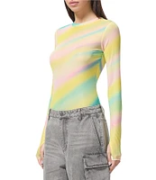 AFRM Kaylee Rainbow Print Crew Neck Long Sleeve Mesh Top