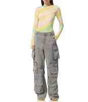 AFRM Kaylee Rainbow Print Crew Neck Long Sleeve Mesh Top