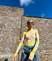 AFRM Kaylee Rainbow Print Crew Neck Long Sleeve Mesh Top