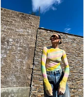 AFRM Kaylee Rainbow Print Crew Neck Long Sleeve Mesh Top