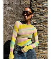 AFRM Kaylee Rainbow Print Crew Neck Long Sleeve Mesh Top