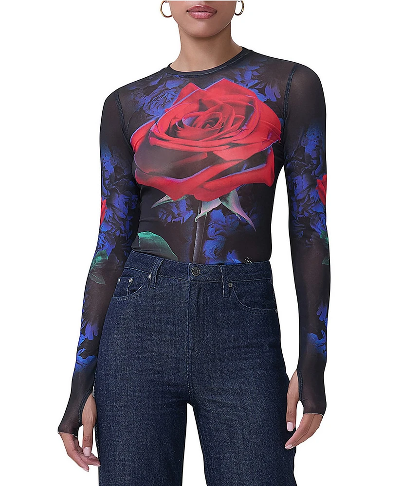 AFRM Kaylee Printed Mesh Crew Neck Long Sleeve Top