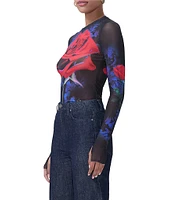 AFRM Kaylee Printed Mesh Crew Neck Long Sleeve Top