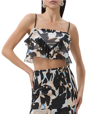 AFRM Koin Floral Mesh Square Neck Sleeveless Coordinating Ruffle Crop Top