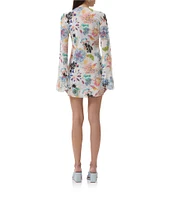 AFRM Kori Printed Mesh Crew Neck Front Keyhole Long Bell Sleeve Mini Dress