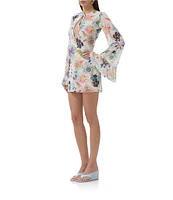 AFRM Kori Printed Mesh Crew Neck Front Keyhole Long Bell Sleeve Mini Dress