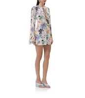 AFRM Kori Printed Mesh Crew Neck Front Keyhole Long Bell Sleeve Mini Dress