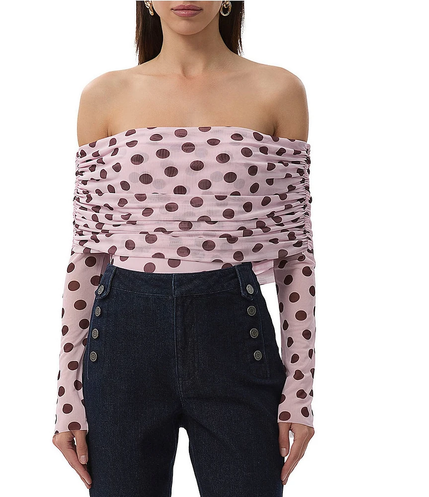 AFRM Maxine Dot Print Off-The-Shoulder Long Sleeve Mesh Bodysuit