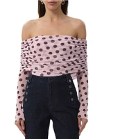 AFRM Maxine Dot Print Off-The-Shoulder Long Sleeve Mesh Bodysuit
