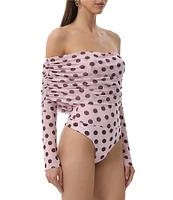 AFRM Maxine Dot Print Off-The-Shoulder Long Sleeve Mesh Bodysuit
