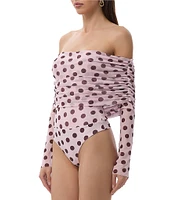 AFRM Maxine Dot Print Off-The-Shoulder Long Sleeve Mesh Bodysuit