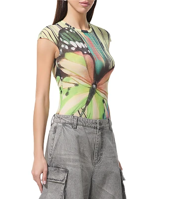 AFRM Nina Butterfly Printed Crewneck Short Sleeve Mesh Top